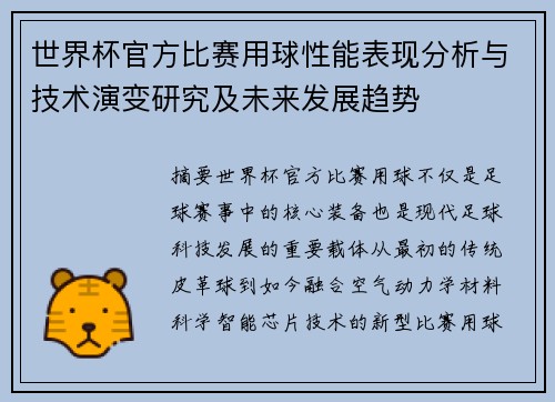 世界杯官方比赛用球性能表现分析与技术演变研究及未来发展趋势